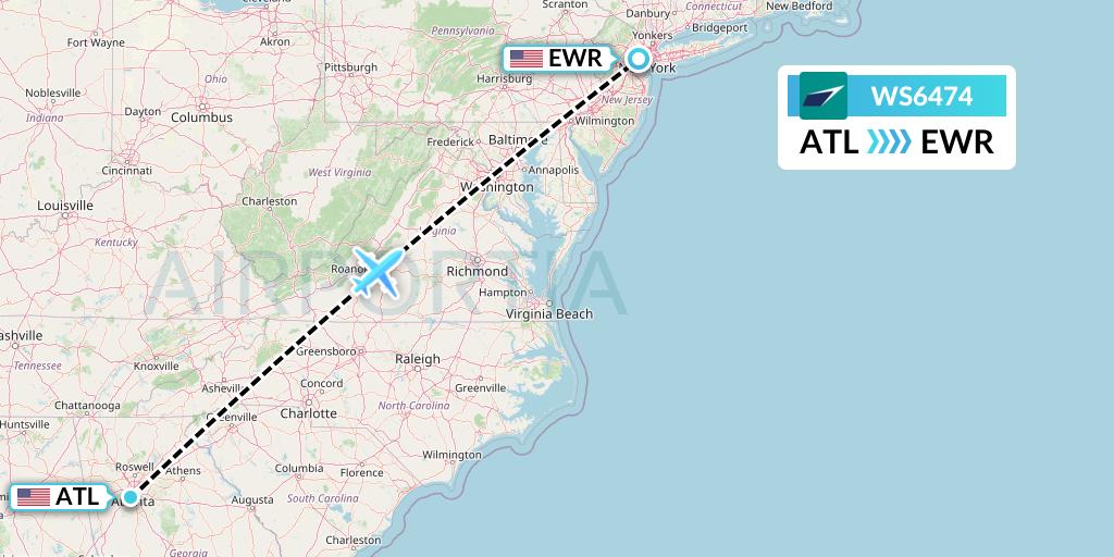WS6474 WestJet Flight Map: Atlanta to New York