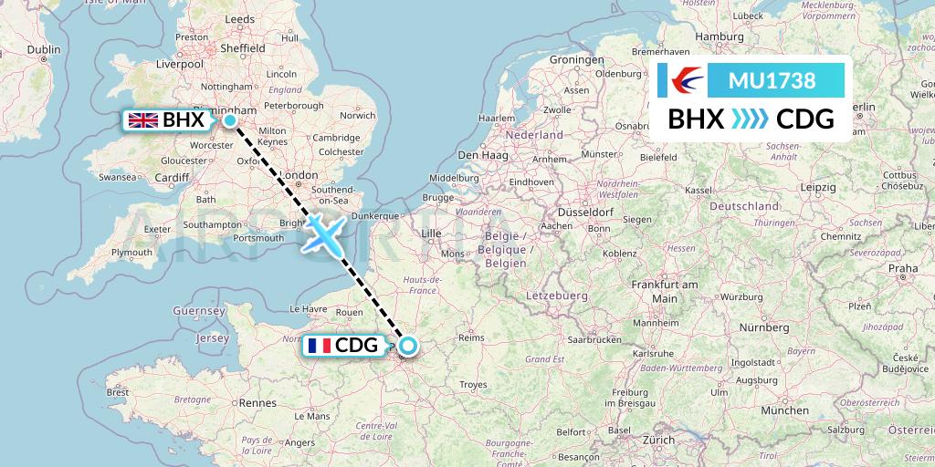 MU1738 China Eastern Airlines Flight Map: Birmingham to Paris