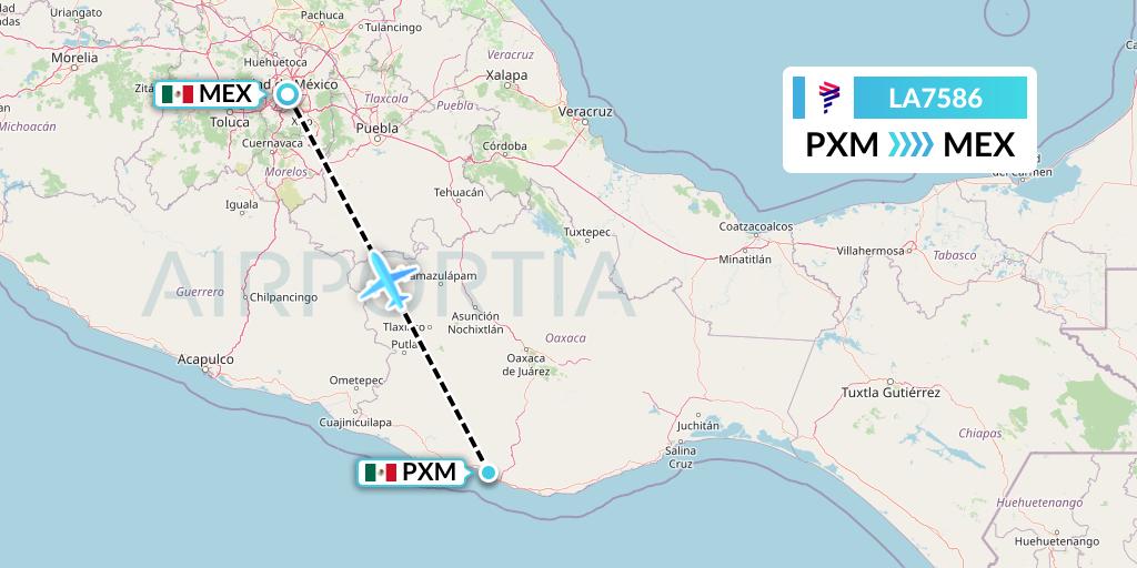 LA7586 LAN Airlines Flight Map: Puerto Escondido to Mexico City