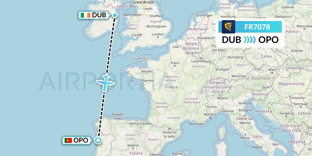 FR7078 Ryanair Flight Map: Dublin to Porto