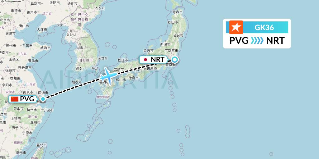 GK36 JetStar Japan Flight Map: Shanghai to Tokyo