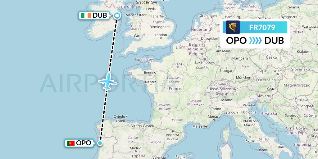 FR7079 Ryanair Flight Map: Porto to Dublin