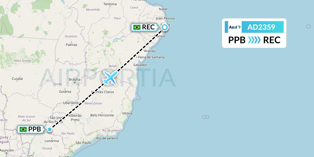 AD2359 Azul Brazilian Airlines Flight Map: Presidente Prudente to Recife