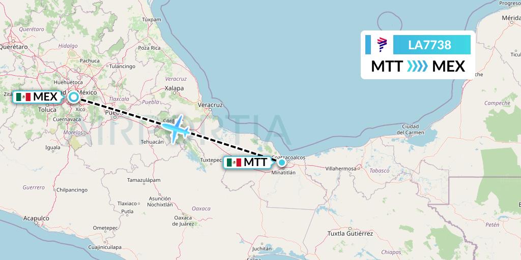 LA7738 LAN Airlines Flight Map: Minatitlan to Mexico City