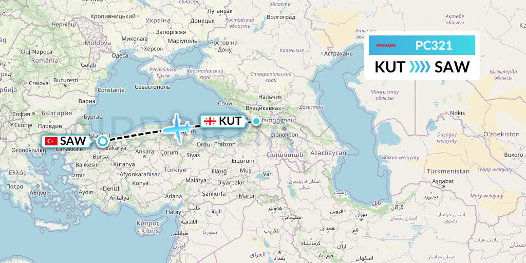 PC321 Pegasus Airlines Flight Map: Kutaisi to Istanbul