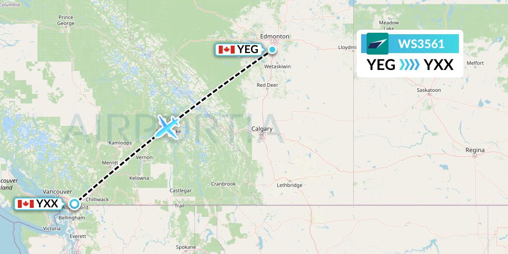 WS3561 WestJet Flight Map: Edmonton to Abbotsford