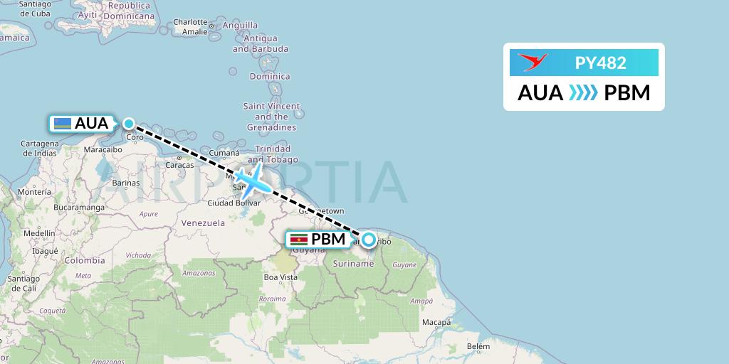 PY482 Surinam Airways Flight Map: Oranjestad to Paramaribo