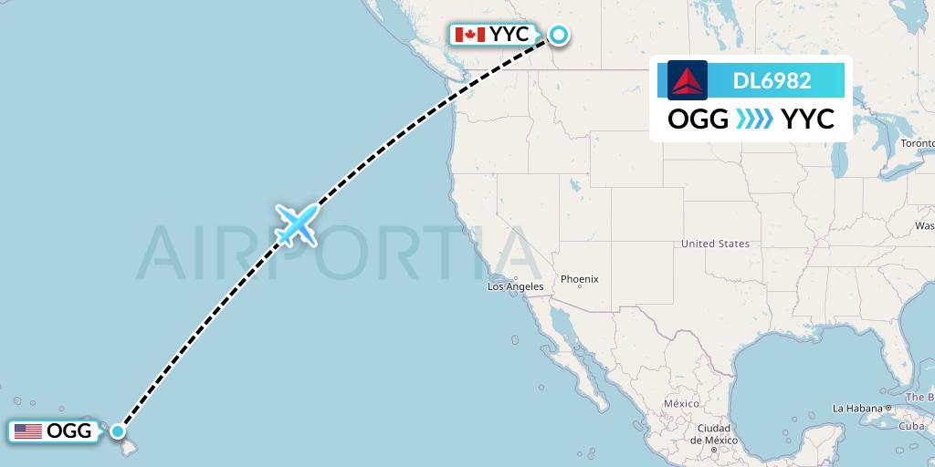 DL6982 Delta Air Lines Flight Map: Kahului to Calgary