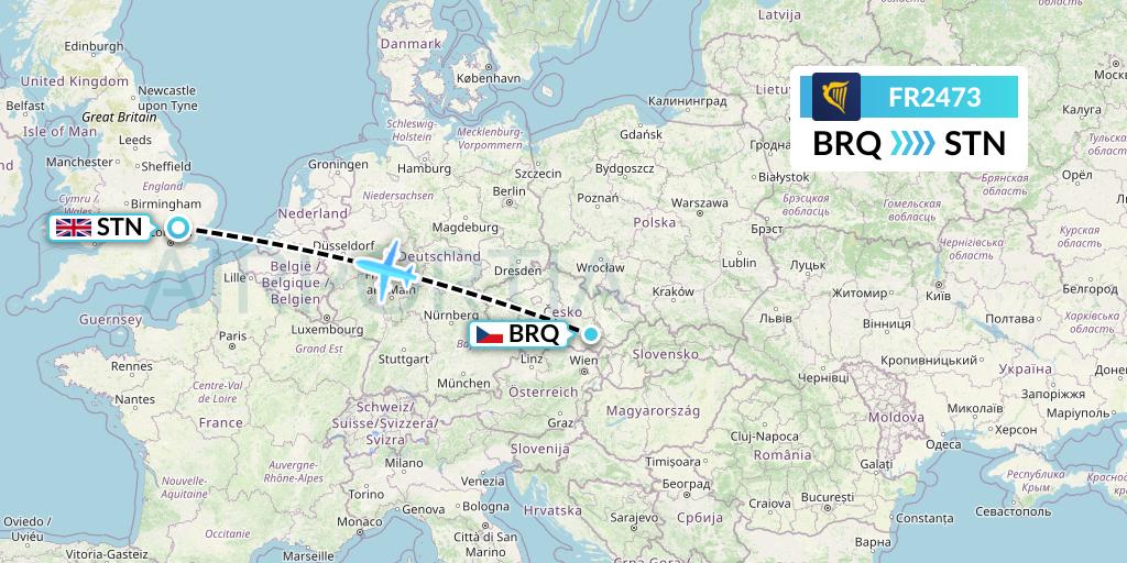 FR2473 Ryanair Flight Map: Brno to London