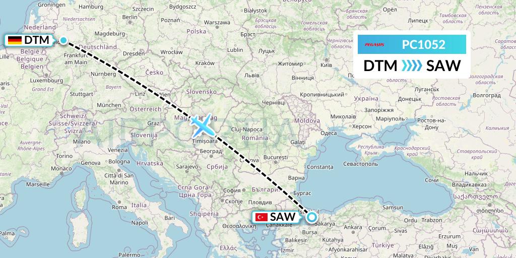 PC1052 Pegasus Airlines Flight Map: Dortmund to Istanbul