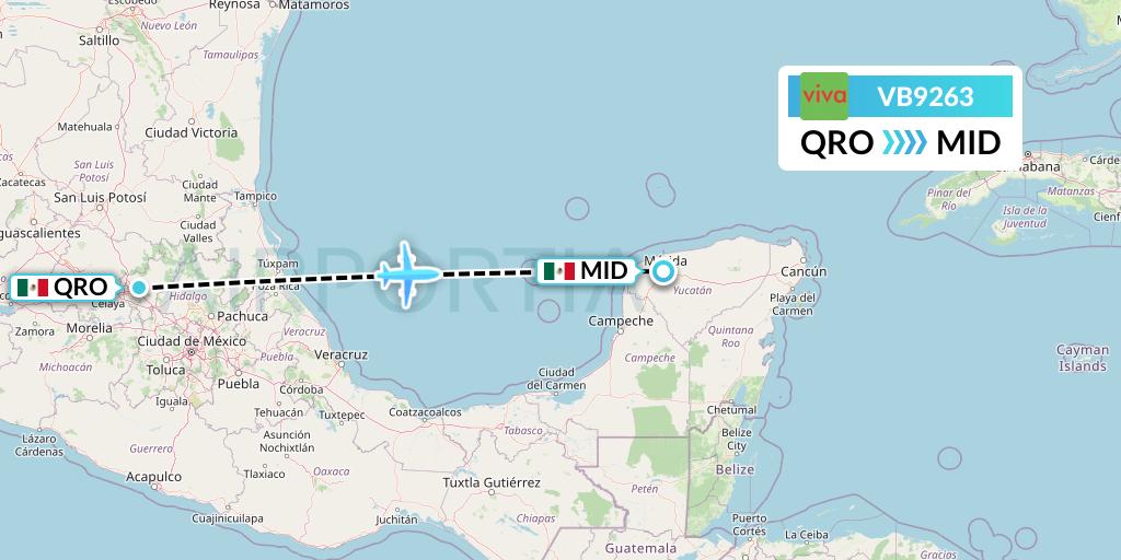 VB9263 VivaAerobus Flight Map: Queretaro to Merida
