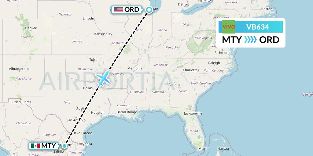 VB634 VivaAerobus Flight Map: Monterrey to Chicago