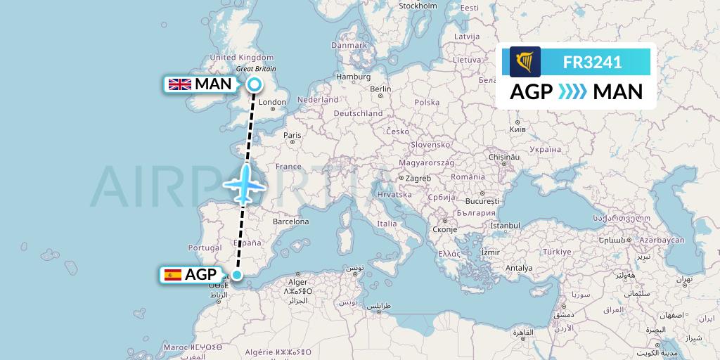 FR3241 Ryanair Flight Map: Malaga to Manchester