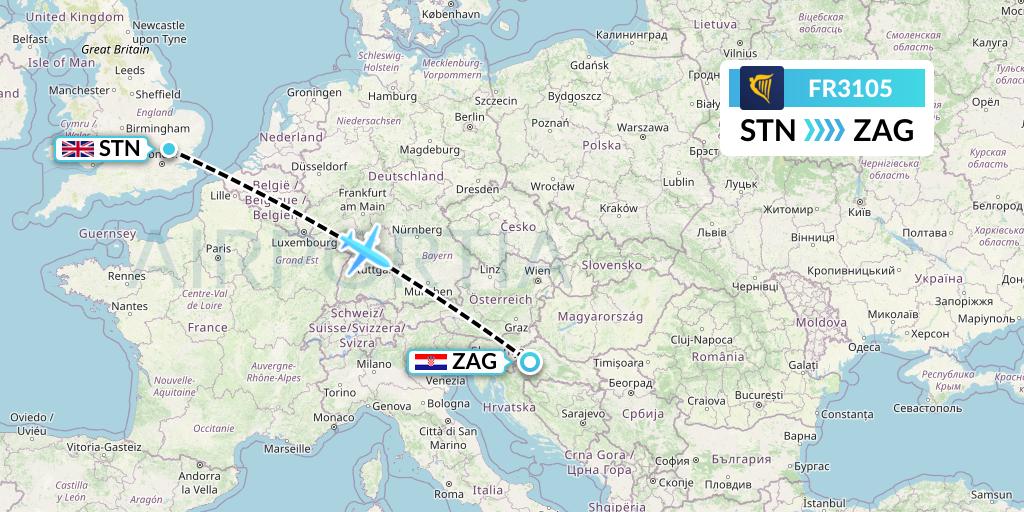 FR3105 Ryanair Flight Map: London to Zagreb