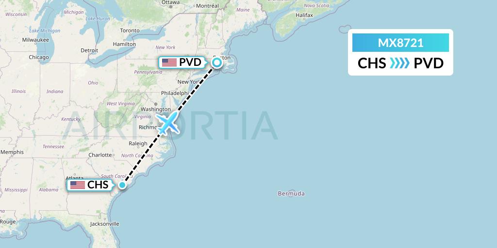MX8721 Breeze Airways Flight Map: Charleston to Providence