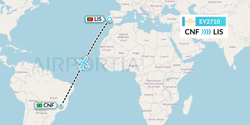 EY2710 Etihad Airways Flight Map: Belo Horizonte to Lisbon