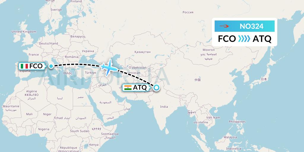 NO324 Neos Flight Map: Rome to Amritsar