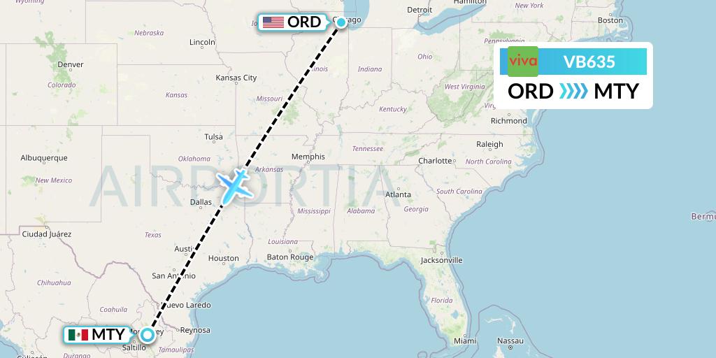 VB635 VivaAerobus Flight Map: Chicago to Monterrey