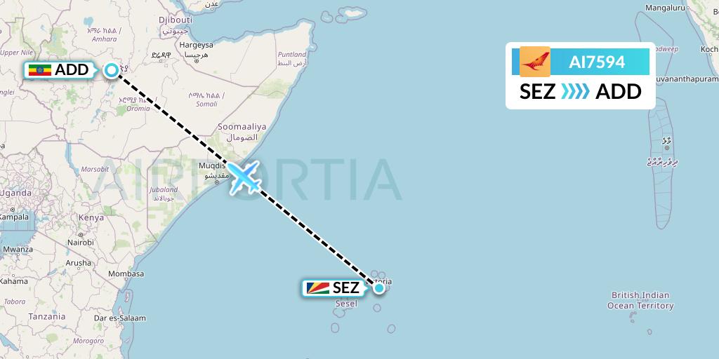 AI7594 Air India Flight Map: Victoria to Addis Ababa