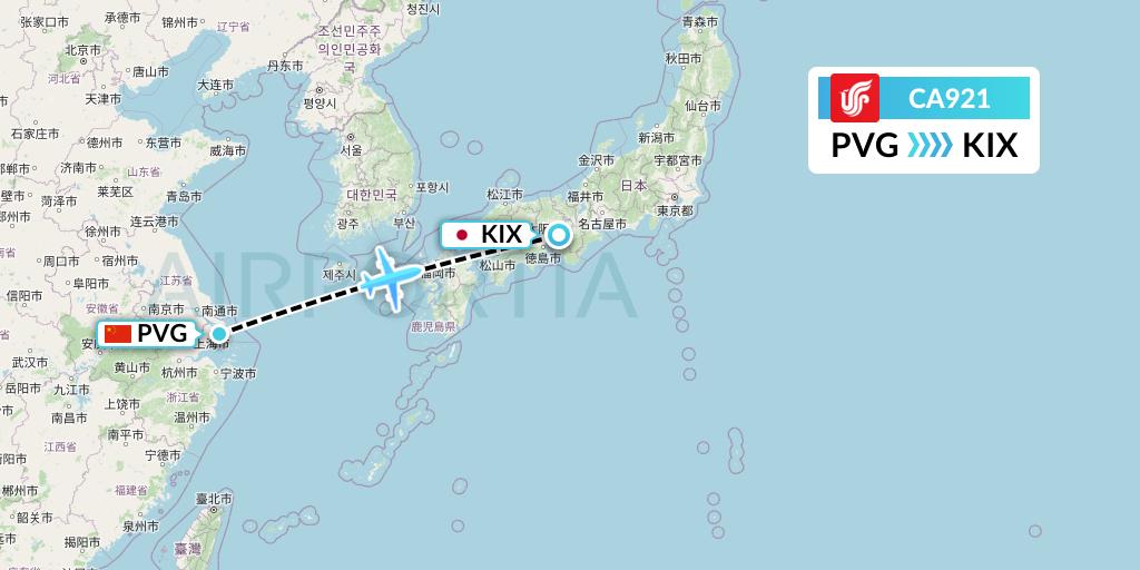 CA921 Air China Flight Map: Shanghai to Osaka