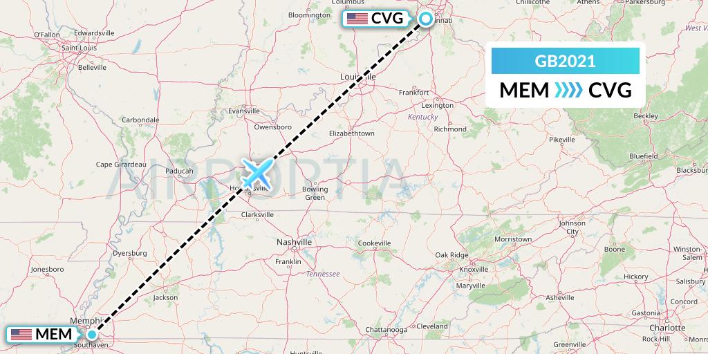 GB2021 ABX Air Flight Map: Memphis to Cincinnati