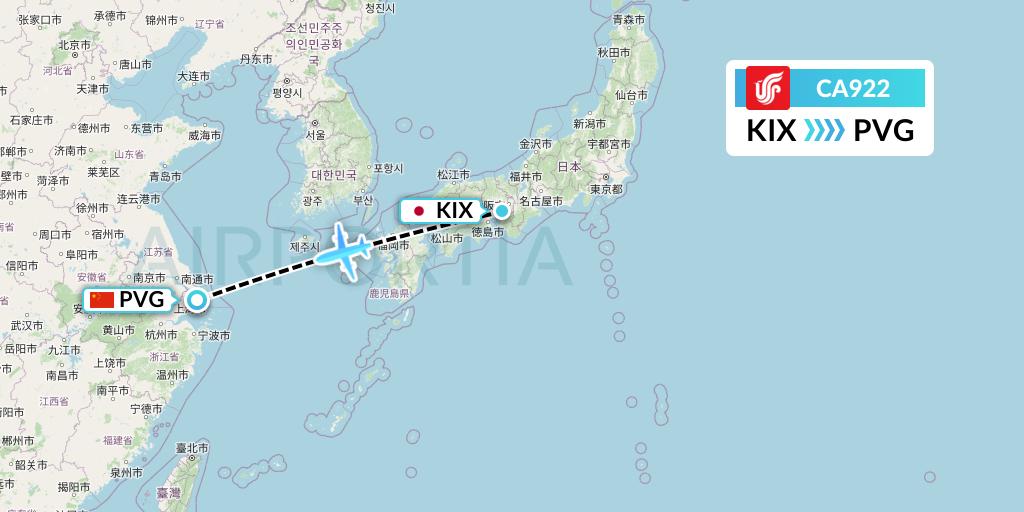 CA922 Air China Flight Map: Osaka to Shanghai