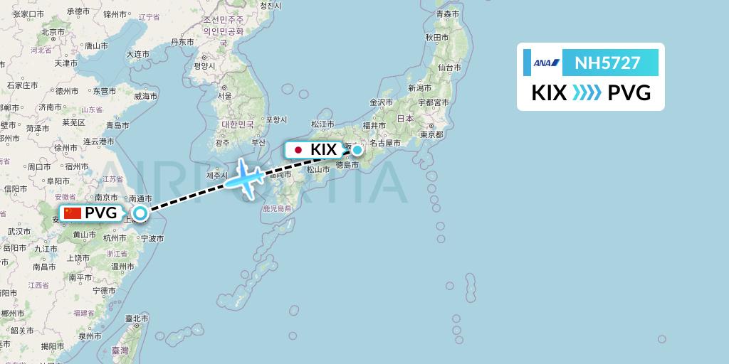 NH5727 All Nippon Airways Flight Map: Osaka to Shanghai