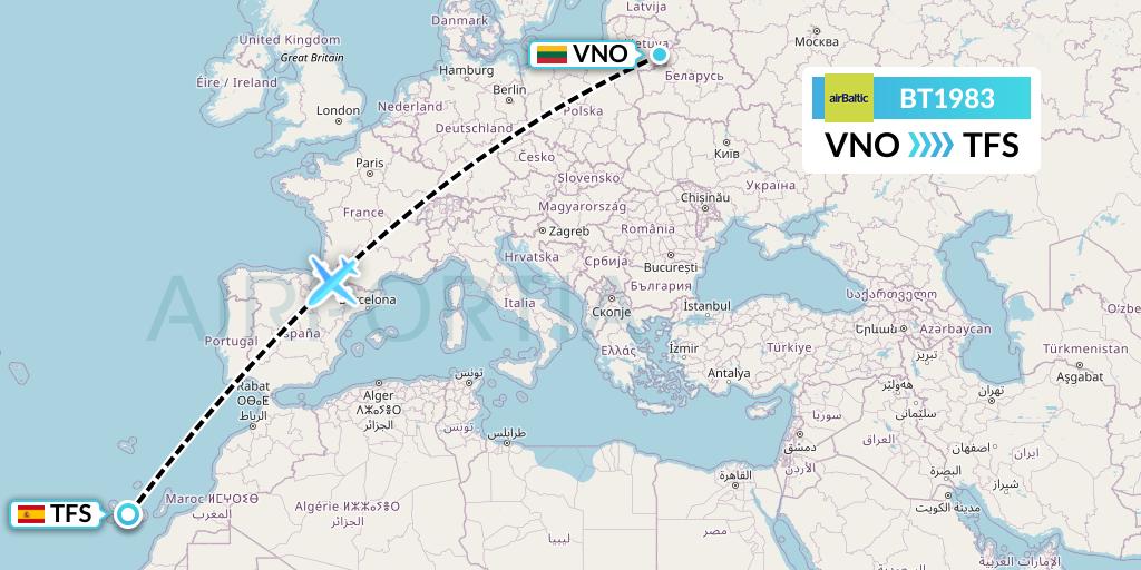 BT1983 Air Baltic Flight Map: Vilnius to Tenerife