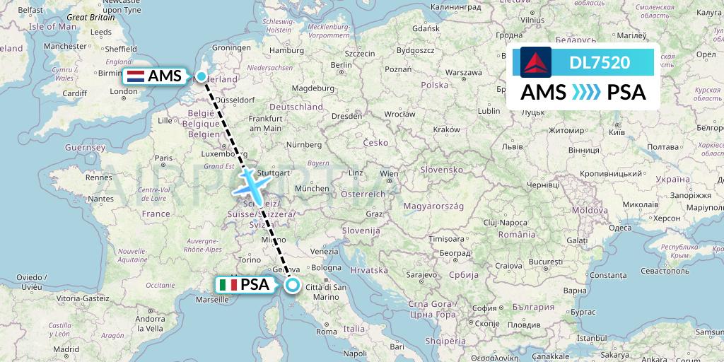 DL7520 Delta Air Lines Flight Map: Amsterdam to Pisa