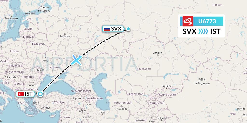 U6773 Ural Airlines Flight Map: Yekaterinburg to Istanbul