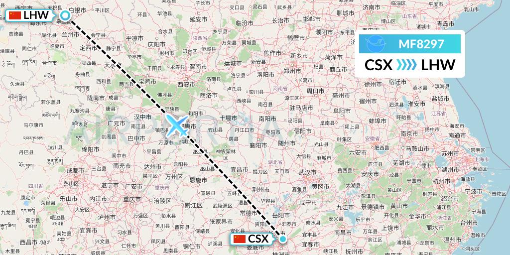 MF8297 Xiamen Airlines Flight Map: Changsha to Lanzhou