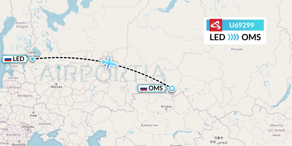 U69299 Ural Airlines Flight Map: St. Petersburg to Omsk
