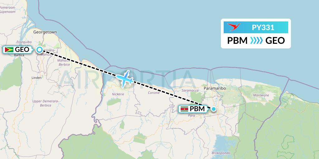 PY331 Surinam Airways Flight Map: Paramaribo to Georgetown