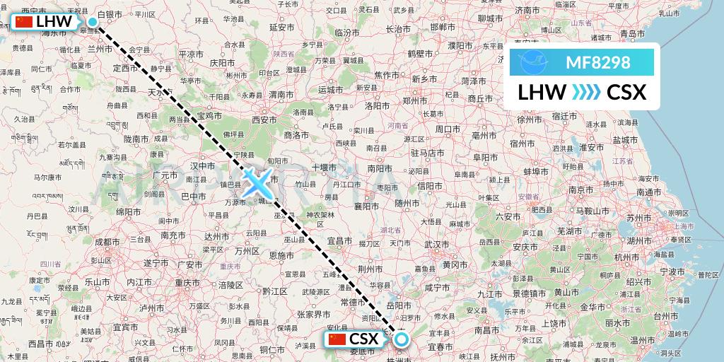 MF8298 Xiamen Airlines Flight Map: Lanzhou to Changsha