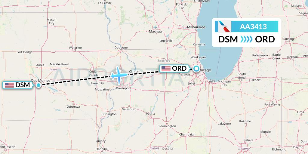 AA3413 American Airlines Flight Map: Des Moines to Chicago