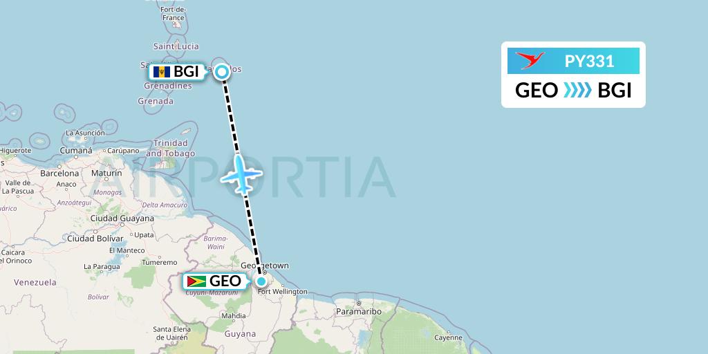 PY331 Surinam Airways Flight Map: Georgetown to Bridgetown