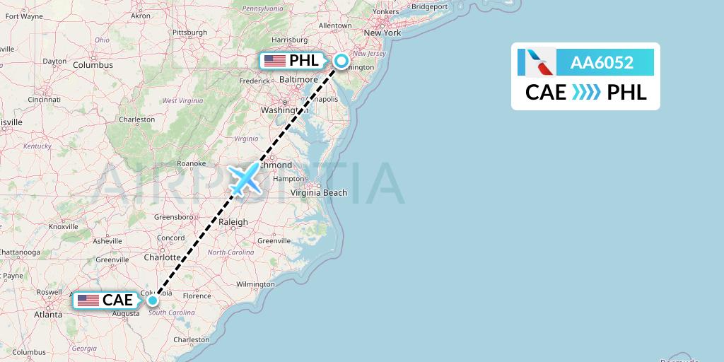 AA6052 American Airlines Flight Map: Columbia to Philadelphia