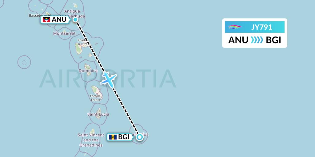 JY791 InterCaribbean Airways Flight Map: Antigua to Bridgetown