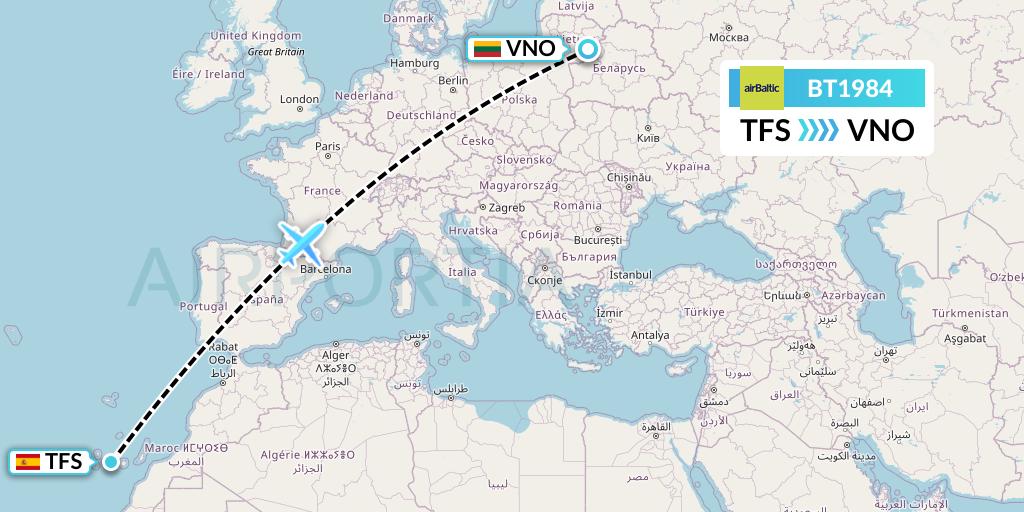 BT1984 Air Baltic Flight Map: Tenerife to Vilnius