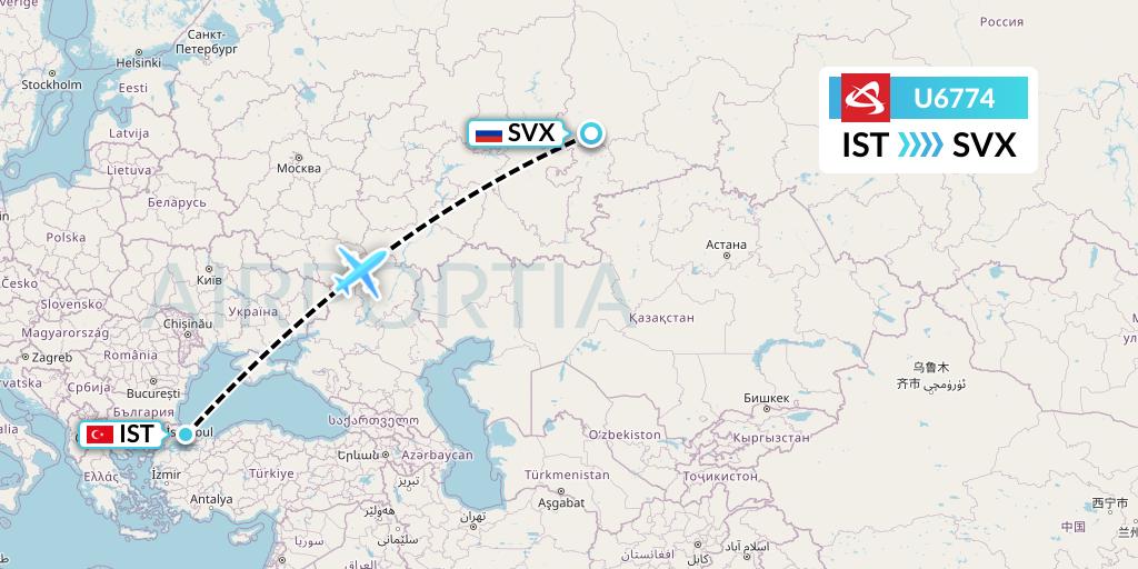 U6774 Ural Airlines Flight Map: Istanbul to Yekaterinburg