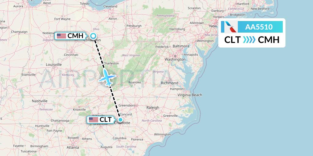 AA5510 American Airlines Flight Map: Charlotte to Columbus