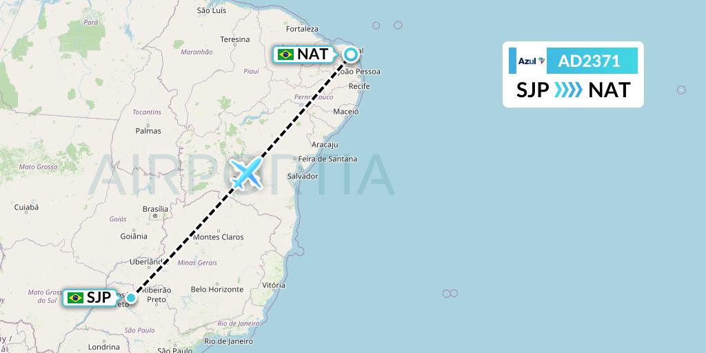 AD2371 Azul Brazilian Airlines Flight Map: Sao Jose Do Rio Preto to Natal