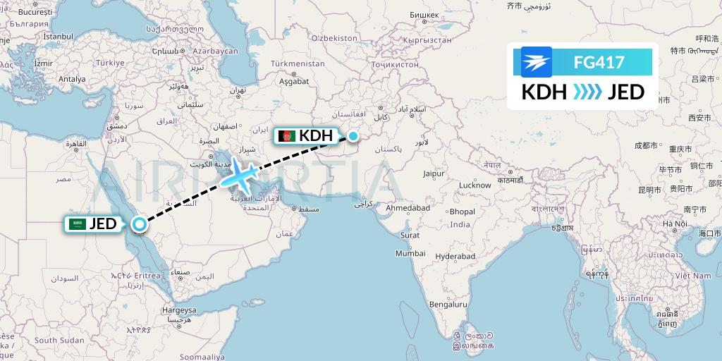 FG417 Ariana Afghan Airlines Flight Map: Kandahar to Jeddah