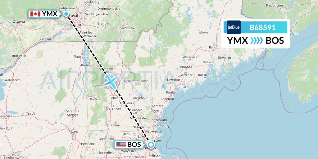B68591 JetBlue Airways Flight Map: Montreal to Boston