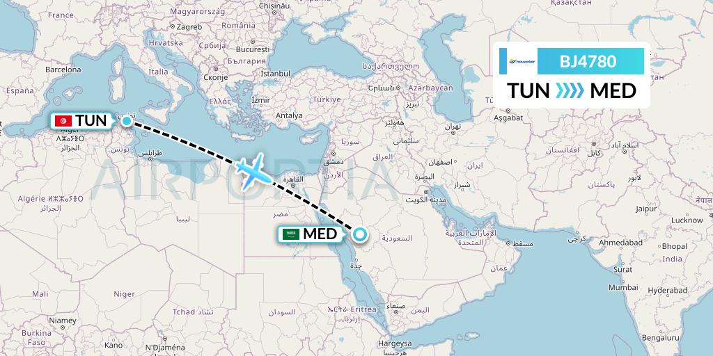 BJ4780 Nouvelair Tunisie Flight Map: Tunis to Medina