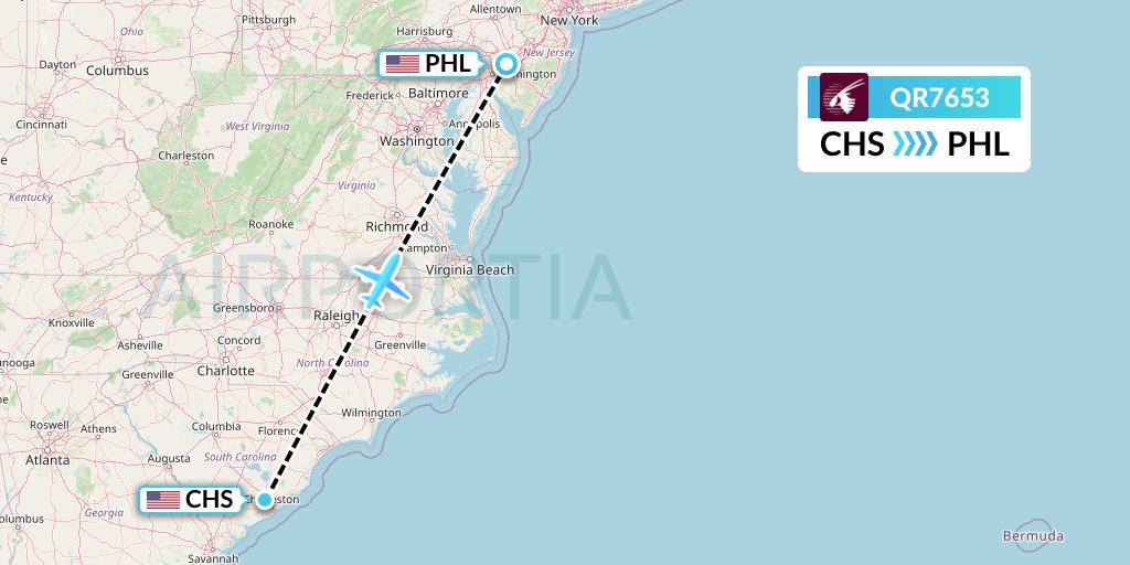 QR7653 Qatar Airways Flight Map: Charleston to Philadelphia