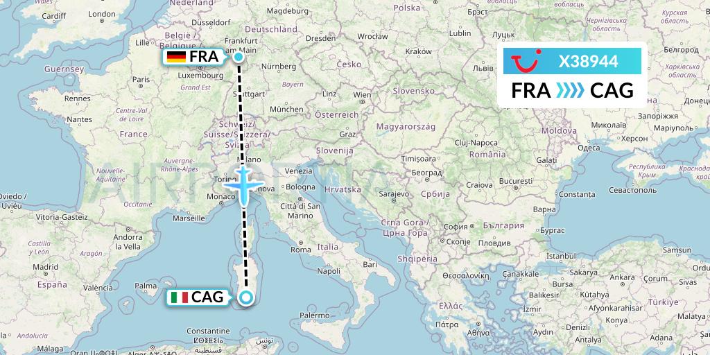 X38944 TUI fly Germany Flight Map: Frankfurt to Cagliari