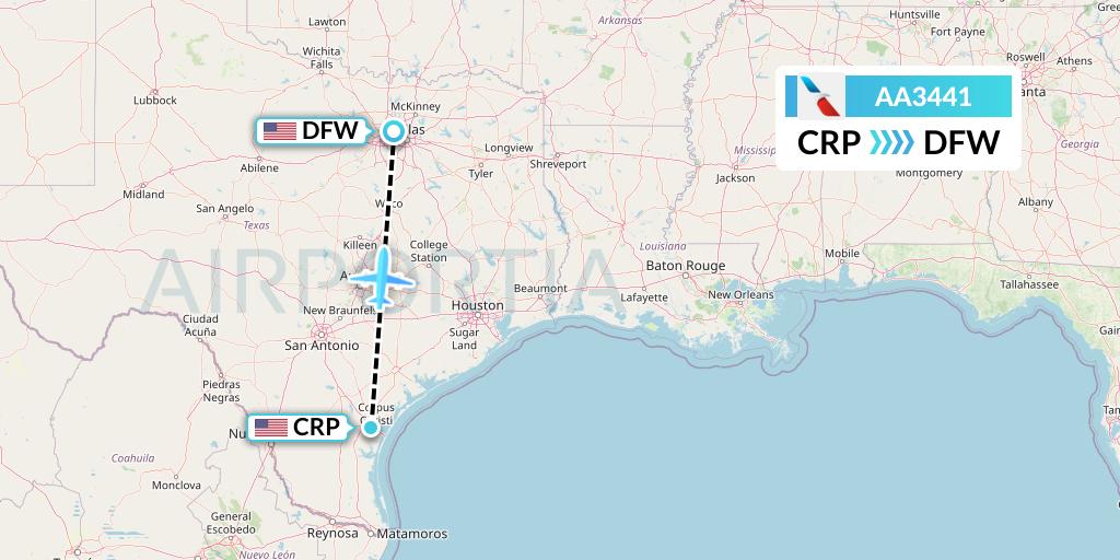 AA3441 American Airlines Flight Map: Corpus Christi to Dallas