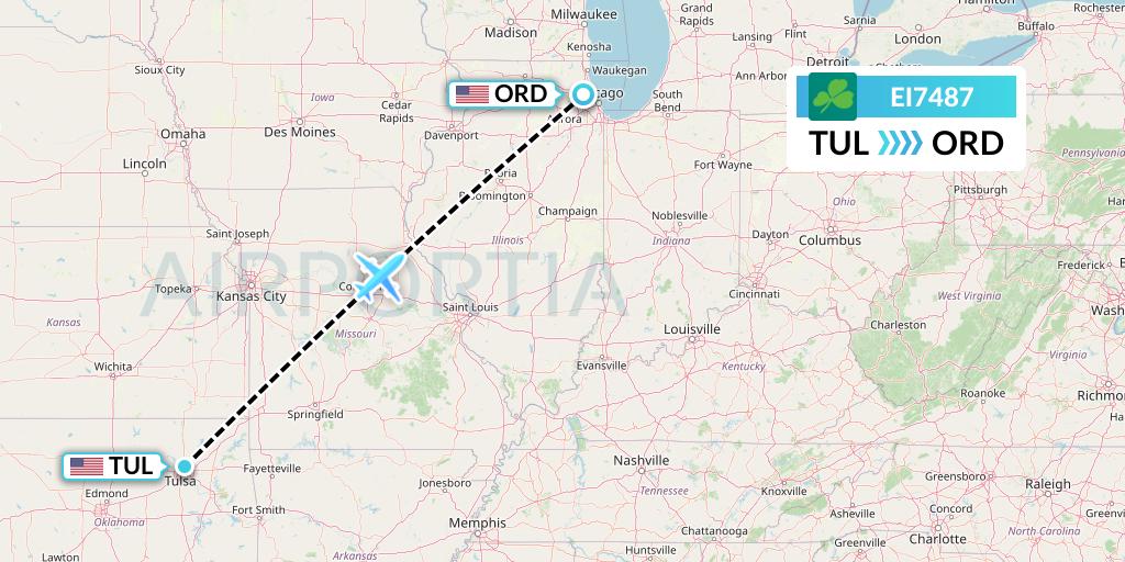 EI7487 Aer Lingus Flight Map: Tulsa to Chicago