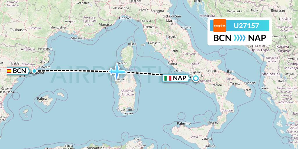 U27157 EasyJet Flight Map: Barcelona to Naples